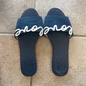 Ellen Degeneres Navy Slide Sandals with Cream Rope Script